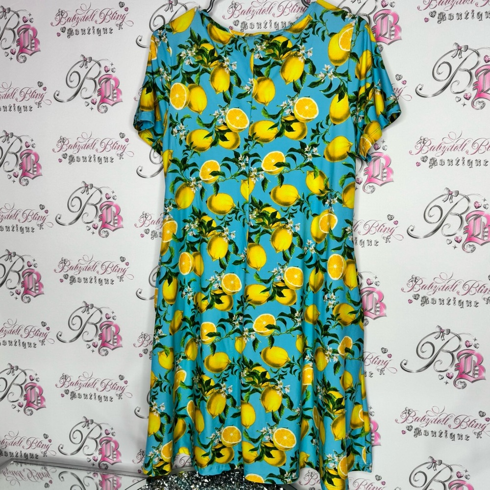 Yelete dress Lemon Print Blue yellow pockets on sides Tshirt style - Picture 2 of 11